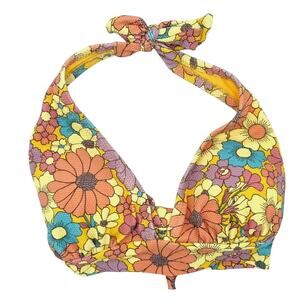 Jessica Simpson Flax Yellow Purple Floral Halter Bikini Swim Top Large NWT